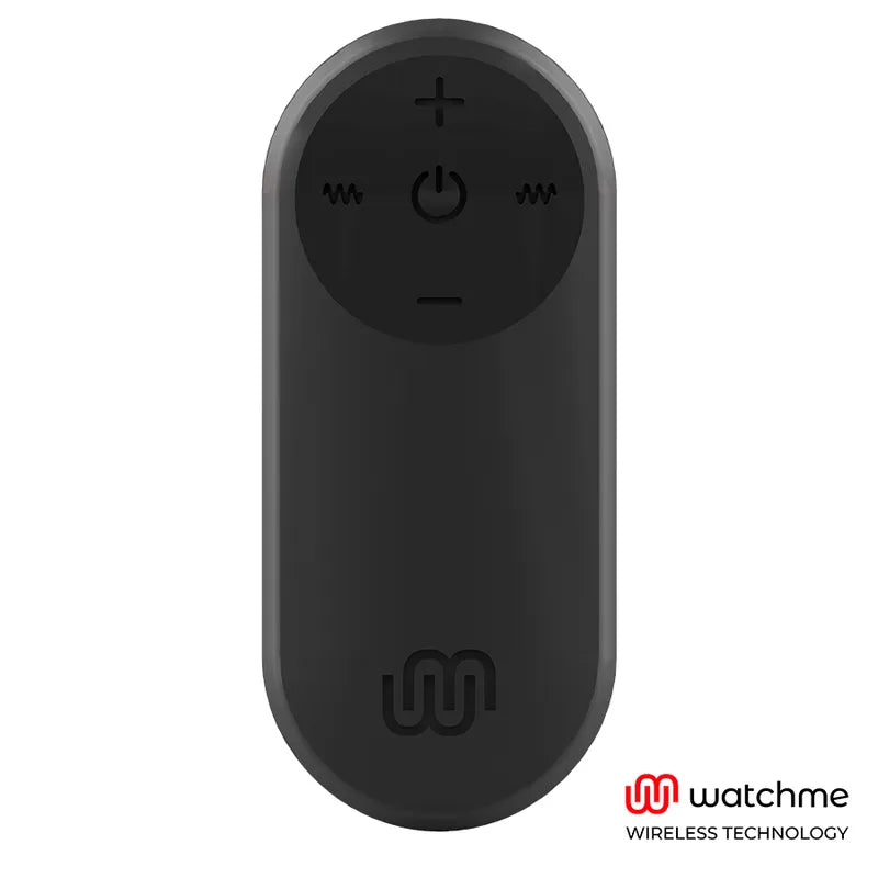 Télécommande noire Watchme, compacte, ergonomique, boutons de contrôle, compatible sextoys, technologie sans fil.