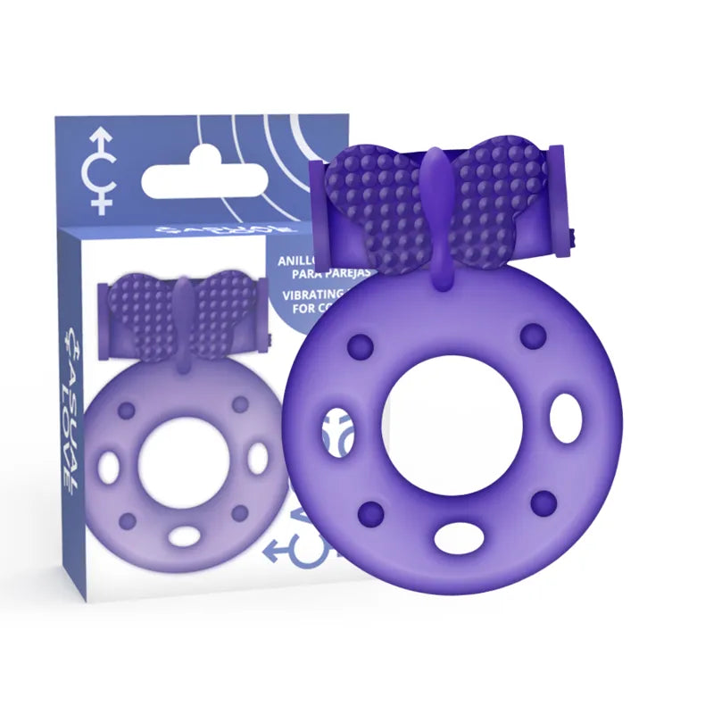 anneau vibrant stimulant clitoridien violet thermoplastique flexible ergonomique texture douce discret pile incluse hygiénique prolongeant maintien érection
