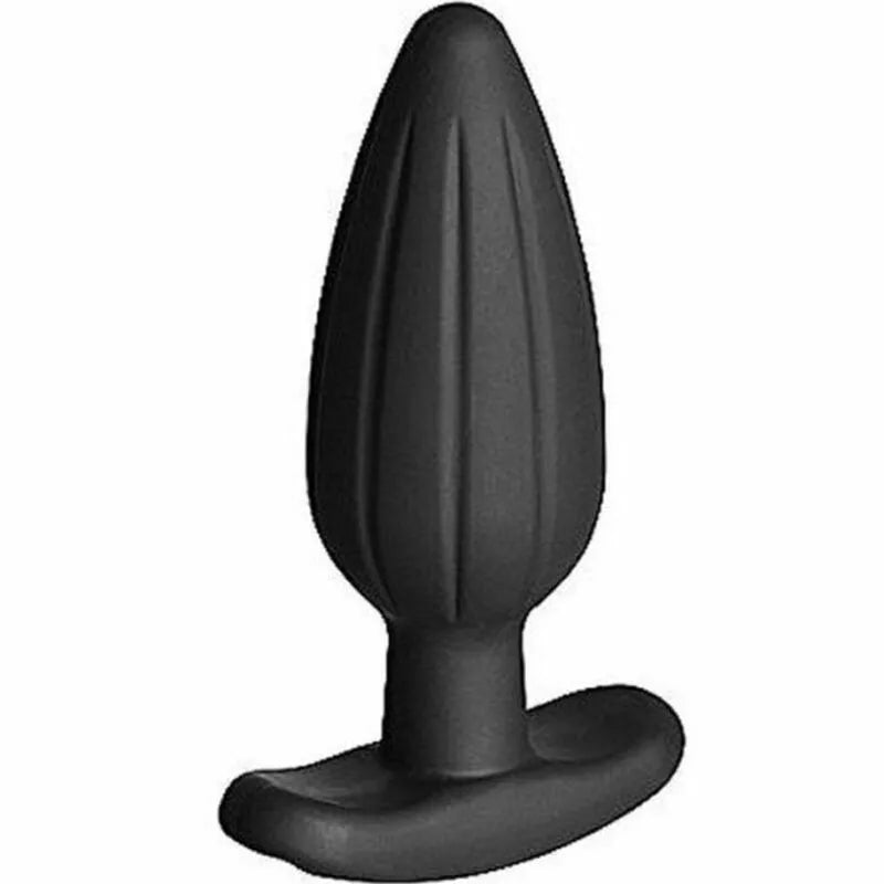 Plug anal noir en silicone, forme conique striée, base incurvée, pour plaisir électro-stimulation, taille médium.