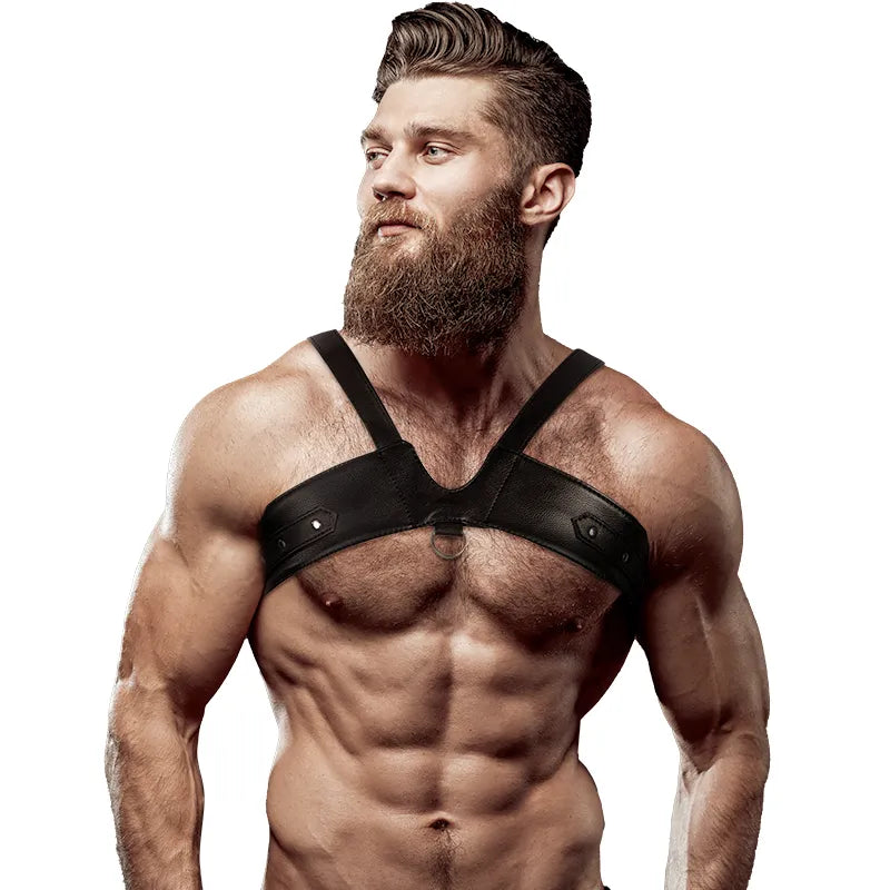 harnais poitrine écocuir homme réglable sexy danse Séville bretelles multiples ajustable taille unique végétalien confortable flexible audacieux tendance soirée silhouette