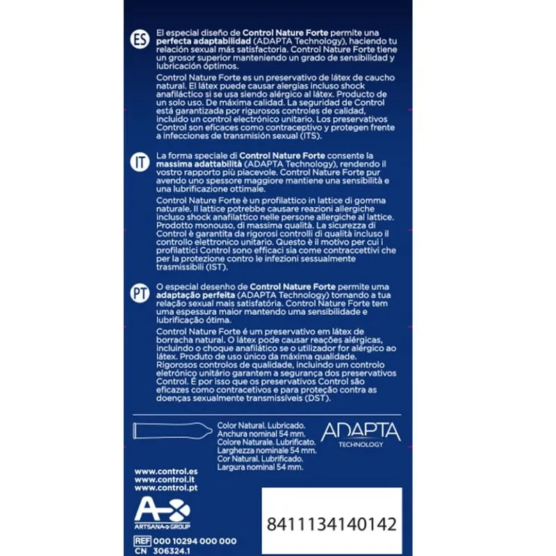 Boîte bleue de 12 préservatifs Control Forte en latex épais, sensibilité optimale, taille 54mm, texte en plusieurs langues.