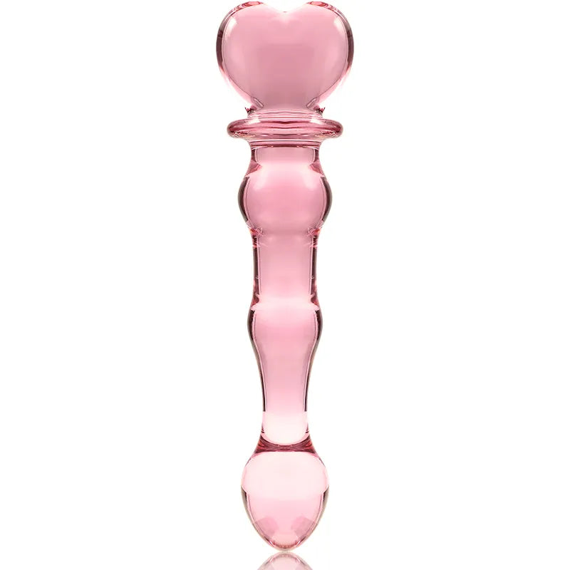 Dildo en verre borosilicate rose, design cœur, stimulation duale, Série Nebula Ibiza, sextoy élégant et luxueux.