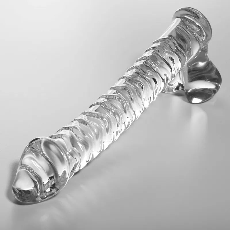Godemichet en verre borosilicate transparent, design réaliste avec rainures, stimulation anal, série Ibiza Nebula.