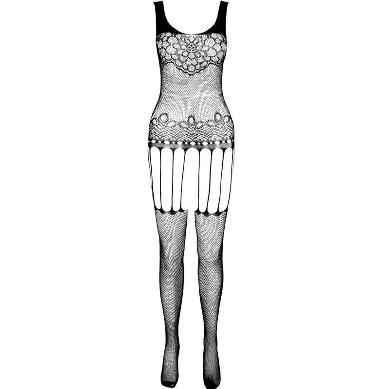 Body noir moulant en nylon régénéré, design écologique, détails en dentelle, taille unique, hypoallergénique.