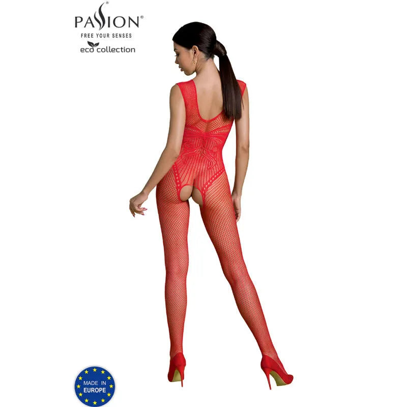 Body rouge en nylon régénéré, dos ouvert, coupe ajustée, design écologique, taille unique Europe, Passion Eco Collection.