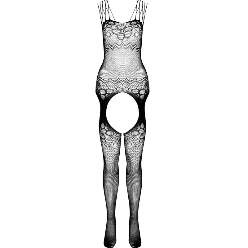 Body noir écoresponsable en nylon régénéré, design sculptant et élégant, dentelle florale, taille unique adaptable.