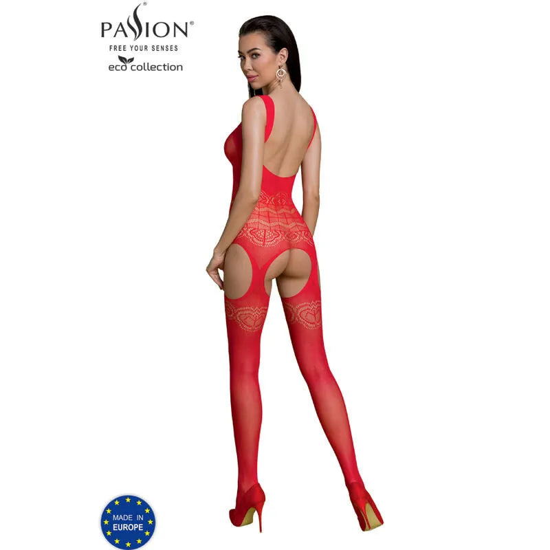 Body sexy rouge en nylon recyclé, taille unique, écologique et élégant, confort et sensualité respectueux de l'environnement.