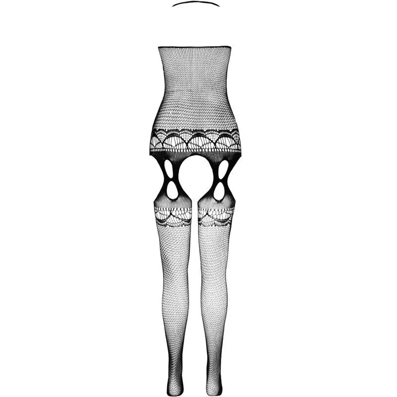Body lingerie noir sculptant en nylon régénéré, design filet avec motifs floraux, écoresponsable et séduisant.
