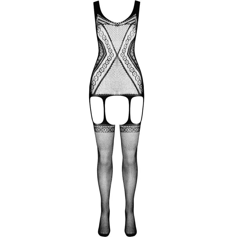 Body noir sculptant en nylon régénéré, design sexy et écologique, certifié GRS, taille unique, détails en dentelle.