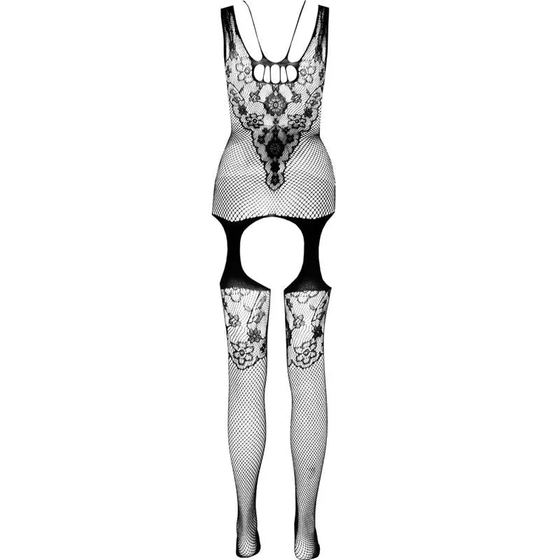 Body sexy noir en nylon recyclé, dentelle florale, design élégant et écoresponsable, taille unique, style séduisant.