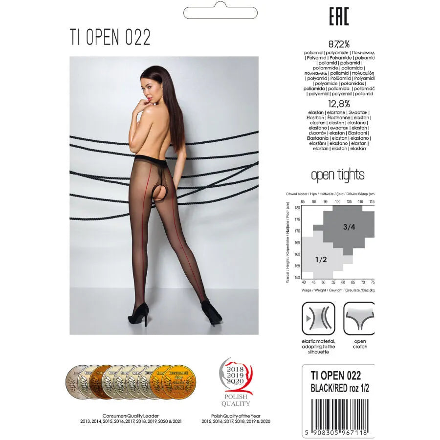Bas noirs transparents avec ouverture cuisses, élégants et luxueux, portés par une femme moderne, fond blanc.