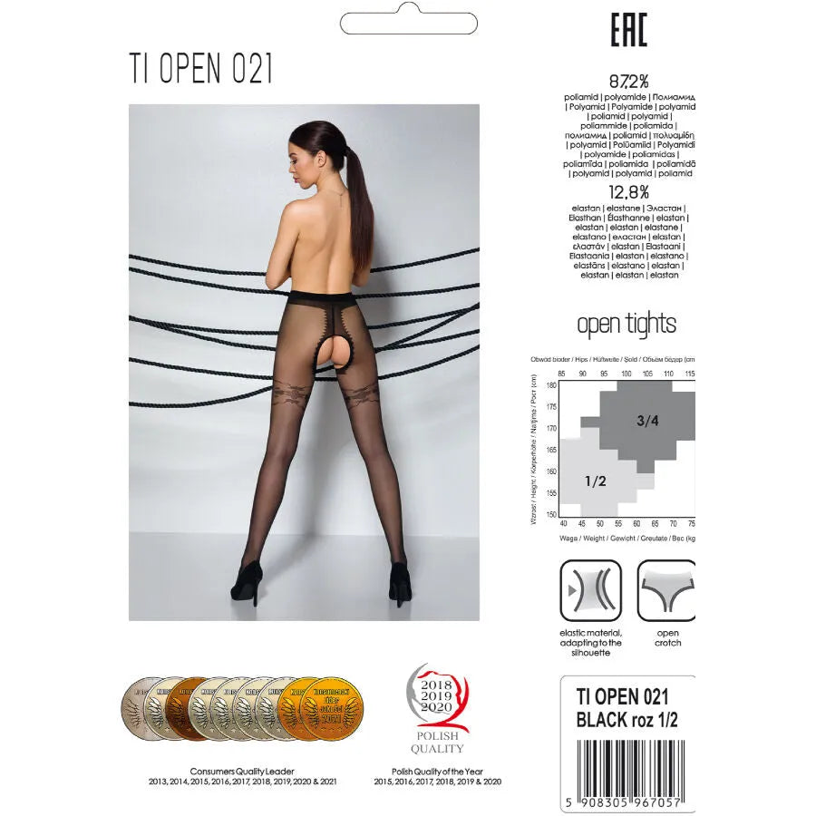Bas noirs transparents 20 deniers avec ouverture cuisses, élégance moderne, silhouette ajustée, hypoallergénique.