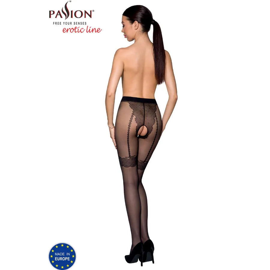 Bas noirs élégants avec ouverture entre cuisses, design raffiné, coupe impeccable, pour femme moderne et dynamique.