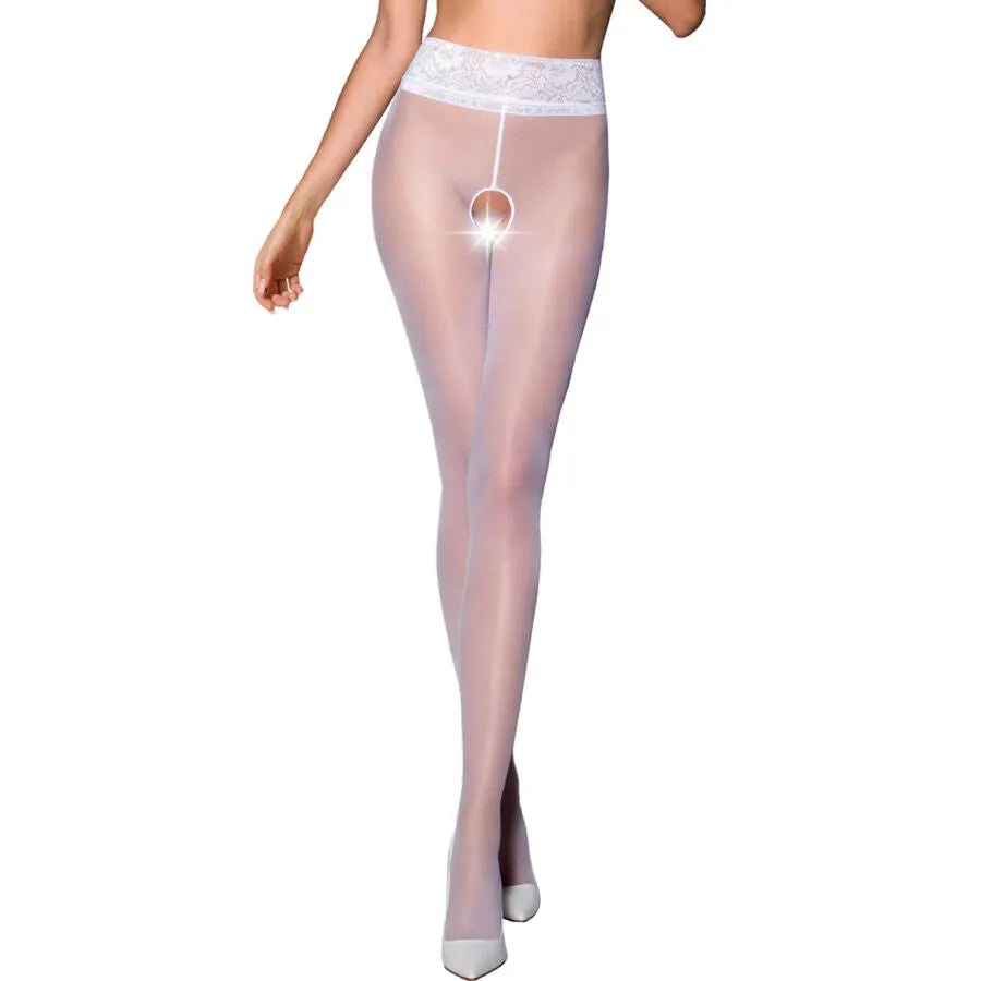 Bas élégants transparents en dentelle blanche, ouverture cuisses, femme moderne, confortables, durables, glamour.