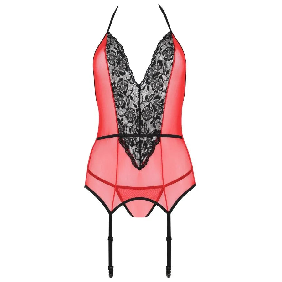 Corset rouge en dentelle et tulle, taille S/M, élégant et sensuel, mettant en valeur la silhouette féminine moderne.