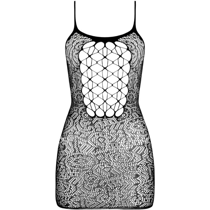 Bodystocking noir résille dentelle élastique, motifs élégants, bretelles fines, allure sensuelle et glamour.
