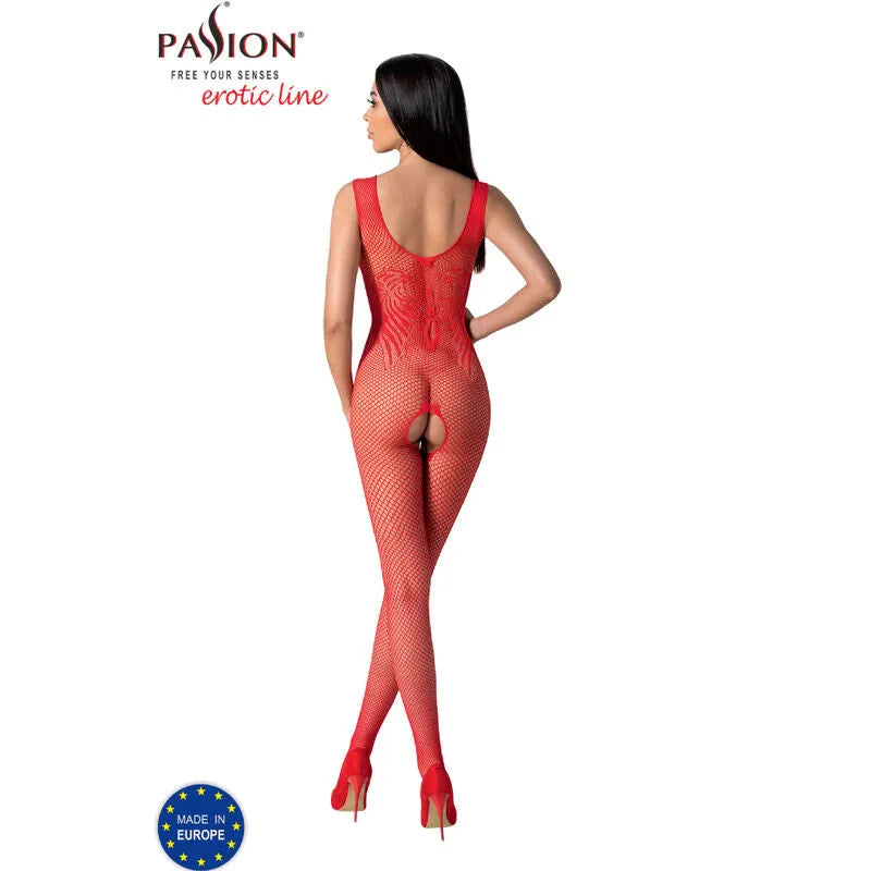 Combinaison résille dentelle rouge PASSION, dos ouvert, ajustée, élégante, taille unique, confort et sensualité.