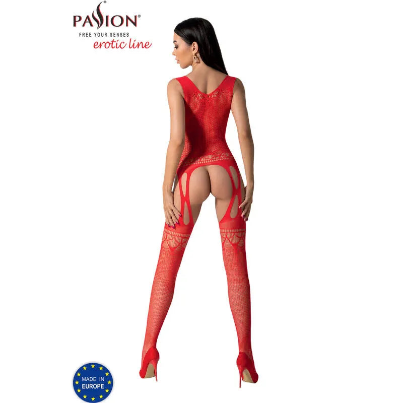 Bodystocking résille rouge dentelle PASSION, design élégant, taille unique, sublimant les courbes féminines.
