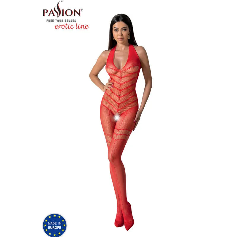 Bodystocking résille rouge imprimé dentelle PASSION, design sensuel, taille unique, matière élastique, glamour et séduisant.