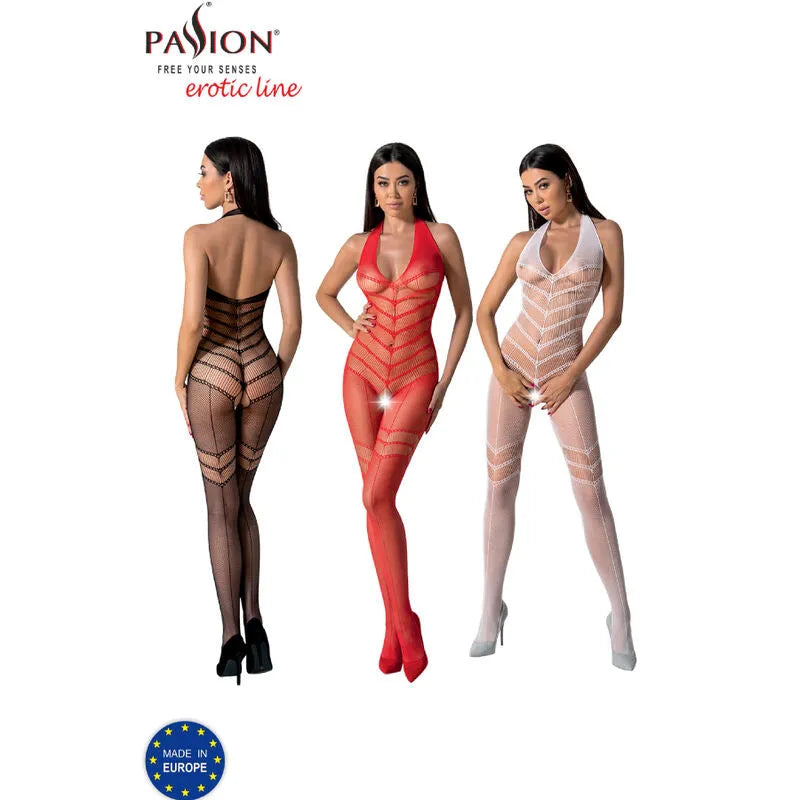 Bodystocking résille noir, rouge, blanc, imprimé sexy, ajustable, sculptant, taille unique, marque PASSION, élégant et aud...