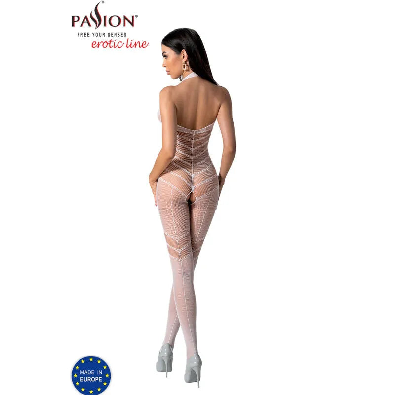 Bodystocking résille blanc, imprimé sculptant, ajustable, taille unique, design sexy et élégant, fabriqué en Europe.