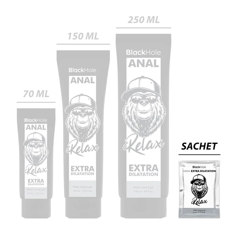 Gel dilatation anal Black Hole 6ml, sachet unique, design noir et blanc, usage intime, compatible silicone.
