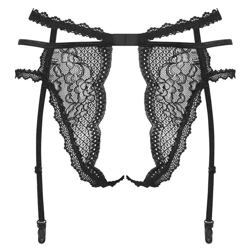 Obsessive Pearlove porte-jarretelles dentelle florale noir entrejambe ouvert