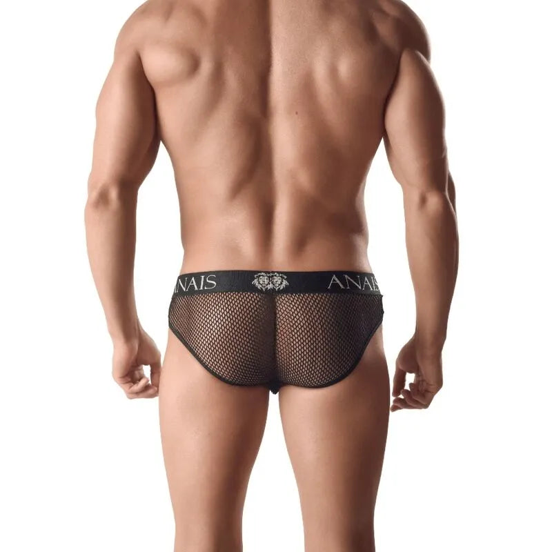 Slip homme noir en cuir et mesh, taille élastique, ajustement parfait, design sexy Anais Men Ares, vue de dos.
