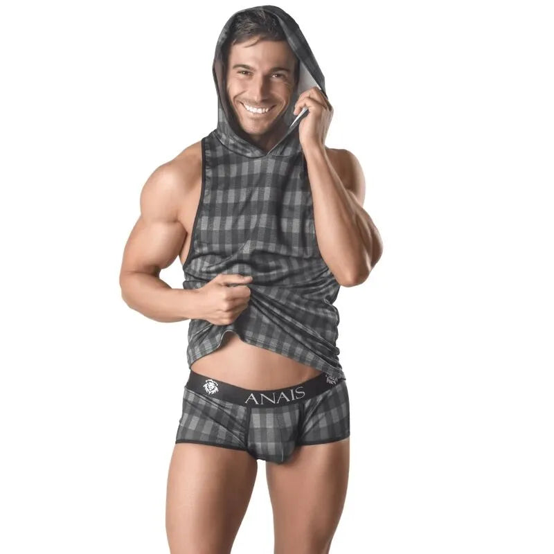 Débardeur à capuche gris carreaux homme, ajusté, style urbain, élégant, fabriqué en Europe, ANAIS, moderne et sexy.