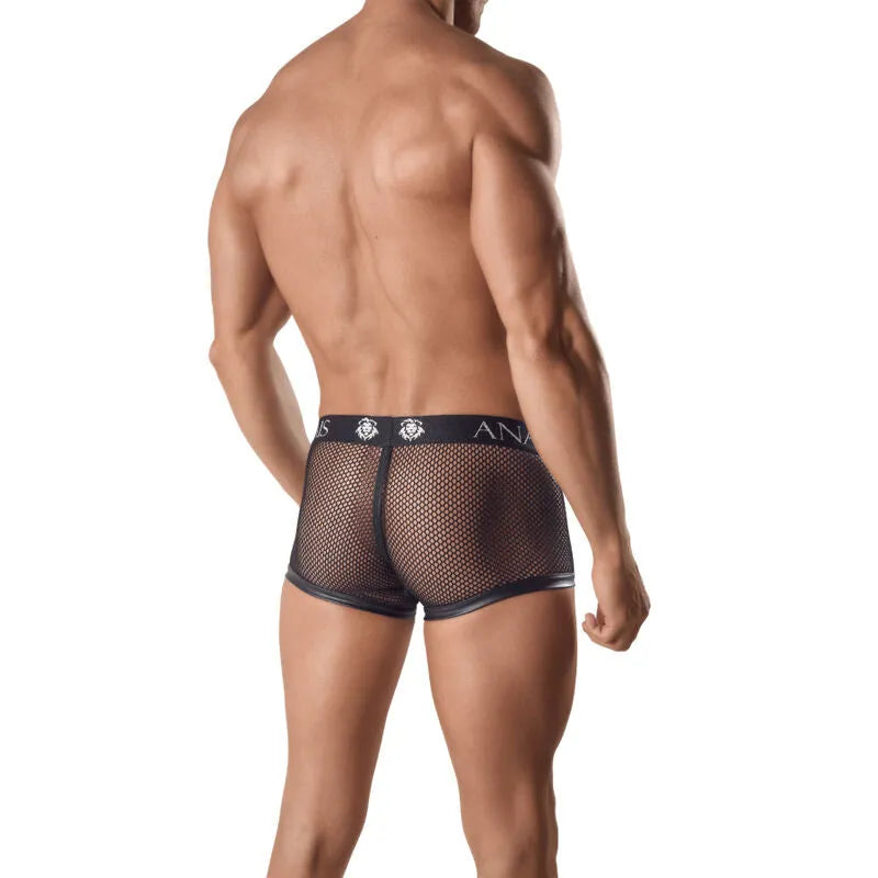 Boxer homme noir en mesh et cuir, coupe sportive Anais, ajusté, élégant, séduisant, confort optimal, qualité européenne.