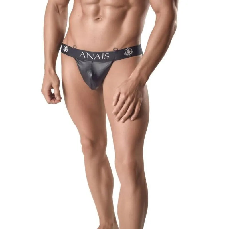 Jockstrap en cuir noir Anais Ares, design audacieux, maintien optimal, silhouette sublimée, élastique confortable.