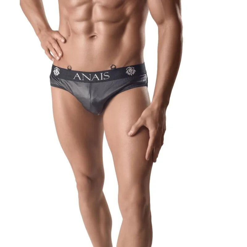 Slip homme noir en cuir et mesh, ajusté, avec bande élastique à la taille, logo Anais visible, design élégant et sexy.