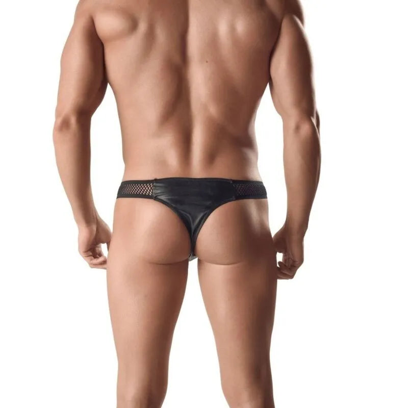 String homme noir en cuir et résille, ajustement parfait, vue arrière, design séduisant et confortable.