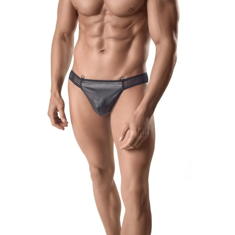 String homme noir en cuir et résille, ajustement parfait, design séduisant, Anais Apparel, confort et qualité.