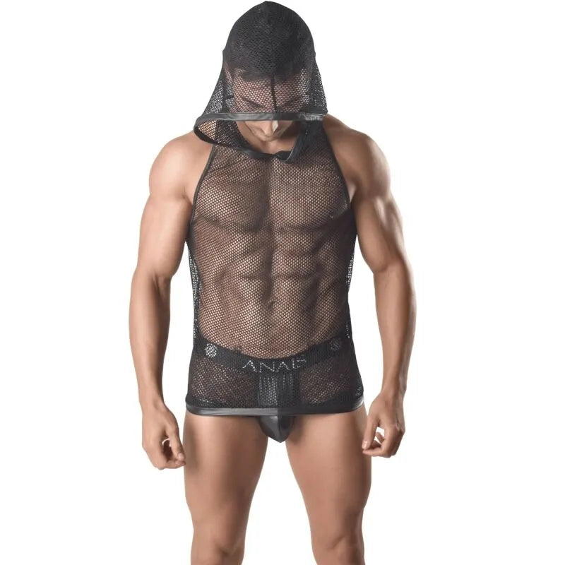 Débardeur homme noir en résille avec capuche, style sexy et moderne, ajusté et respirant, idéal pour soirées.