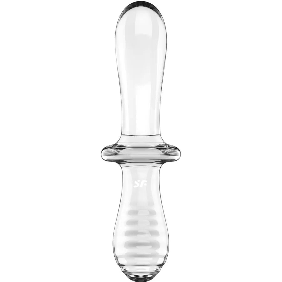 Gode double en verre borosilicate transparent, forme ergonomique courbée, stimulation intime, design hygiénique et sécurit...