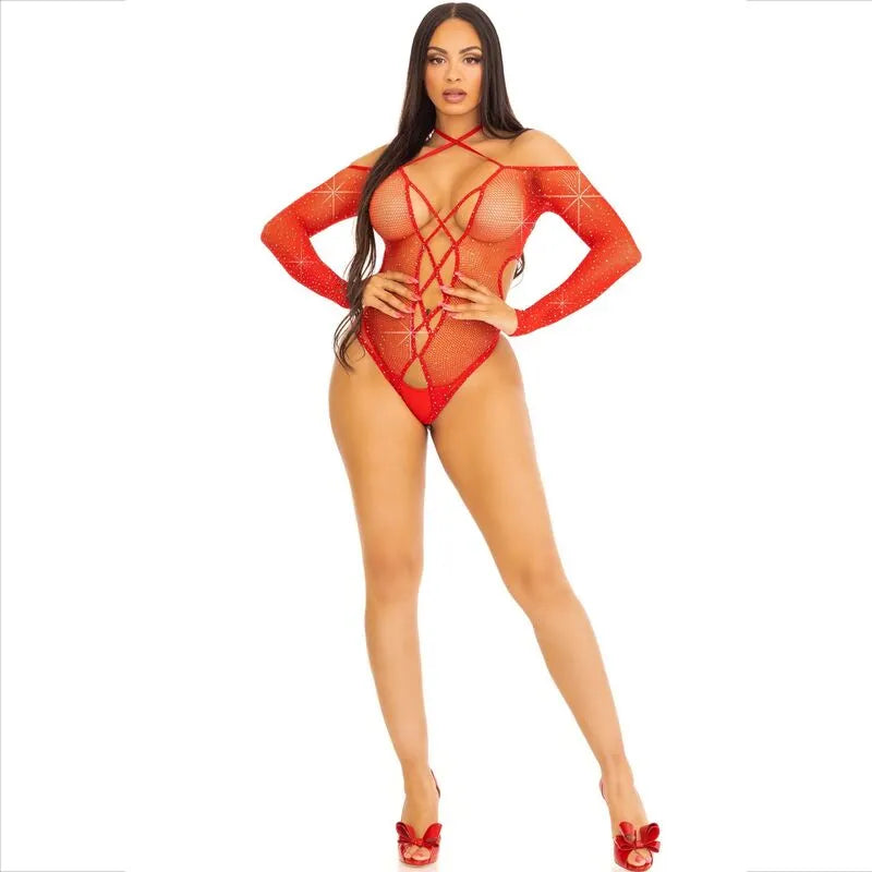 Body résille rouge sans entrejambe, strass glamour, manches longues, design séduisant et luxueux, lingerie féminine.