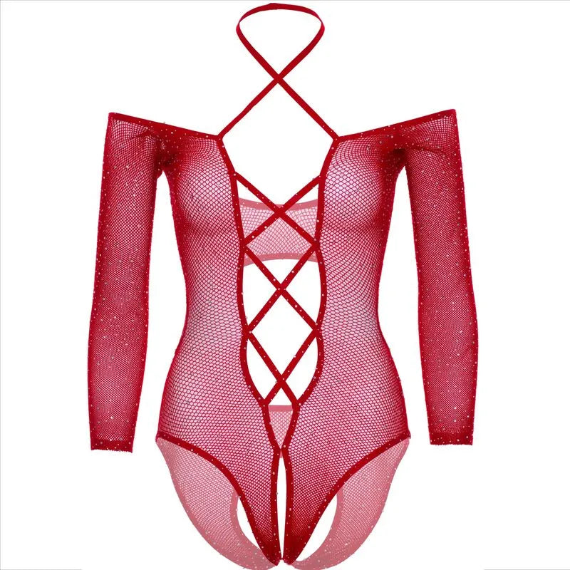 Body résille rouge sans entrejambe, strass glamour, manches longues, design séduisant et luxueux.