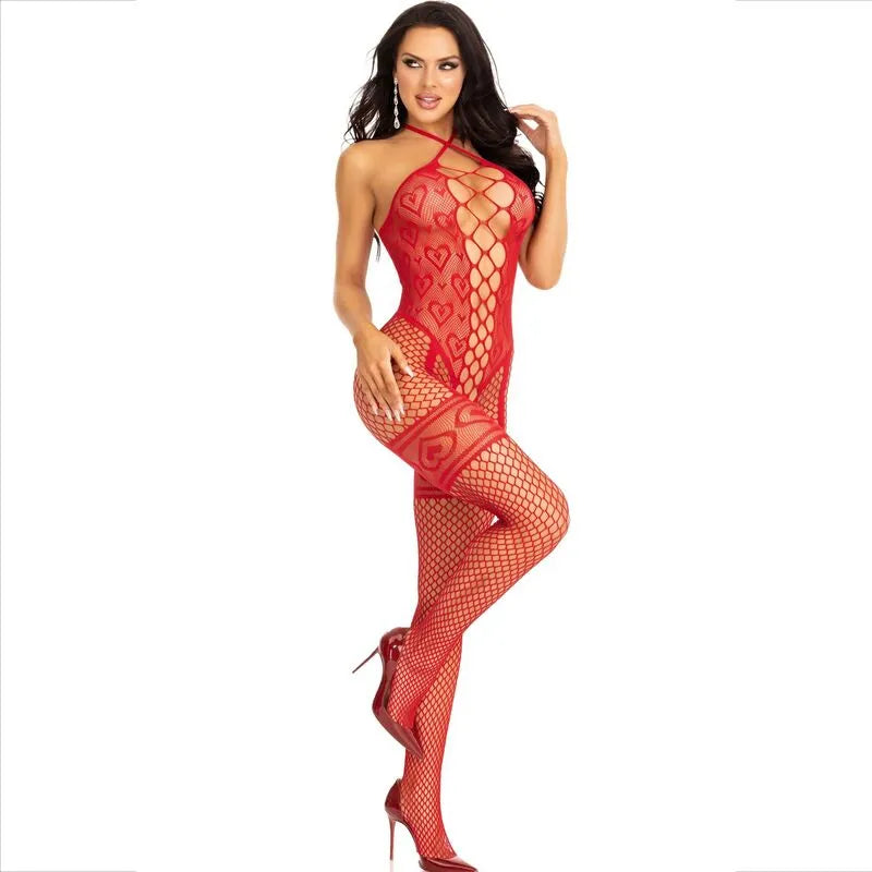 Body dos nu rouge résille avec motifs cœurs, élégant et sensuel, idéal pour une soirée romantique, taille unique.