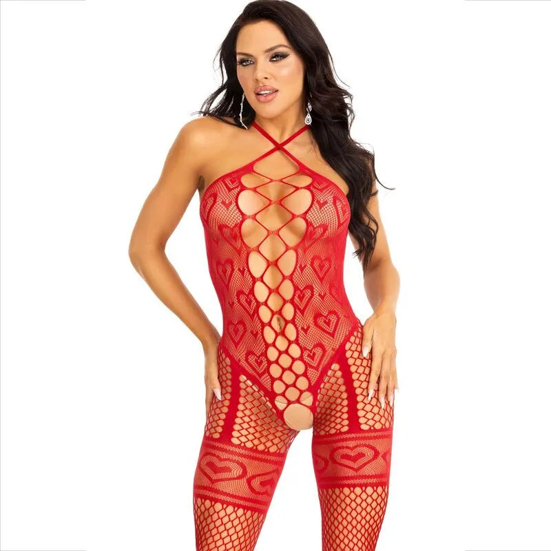 body dos nu rouge séduisant sensuel résille cœurs transparent féminin élégant nylon extensible confortable tailleunique silhouette raffinée soirée romantique