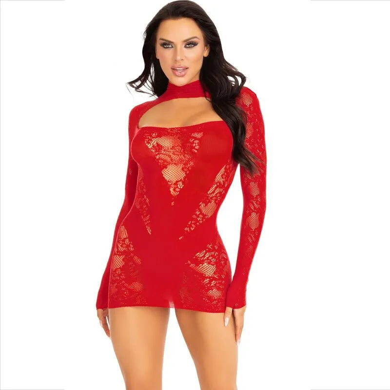 Robe mini dentelle manches longues rouge élégante soirée femme