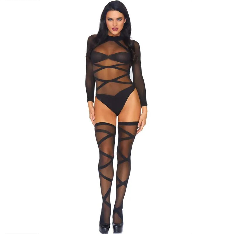 Body transparent opaque noir et blanc, deux pièces, bas cuissardes, élégance, féminité, nylon, soirée intime.