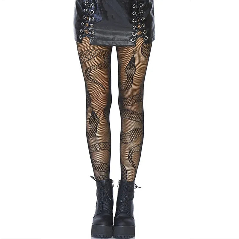 bas résille noir motif serpent audacieux élégant soirée événement glamour femme tailleunique extensible nylon élasthanne confort durable sexy sophistiqué polyvalent