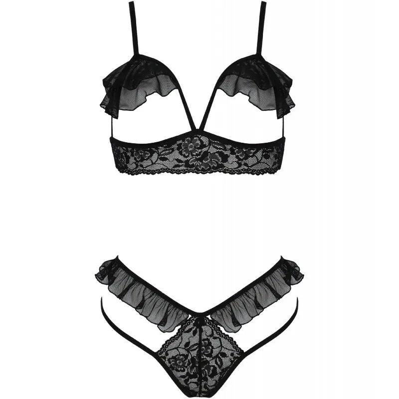 lingerie érotique ensemble dentelle noire soutiengorge ouvert string tulle européenne hypoallergénique résistant confortable séduisant raffiné glamour