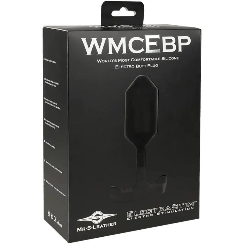 Plug anal électrostimulation noir en silicone conducteur, design ergonomique, boîte Mr S Leather et ElectraStim.