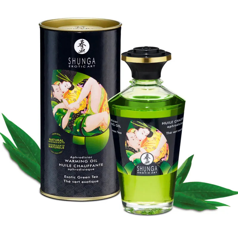 Shunga Huile de massage effet chaleur aphrodisiaque thé vert bio 100ml bouteille verte élégante érotique japonais cosmétique intime