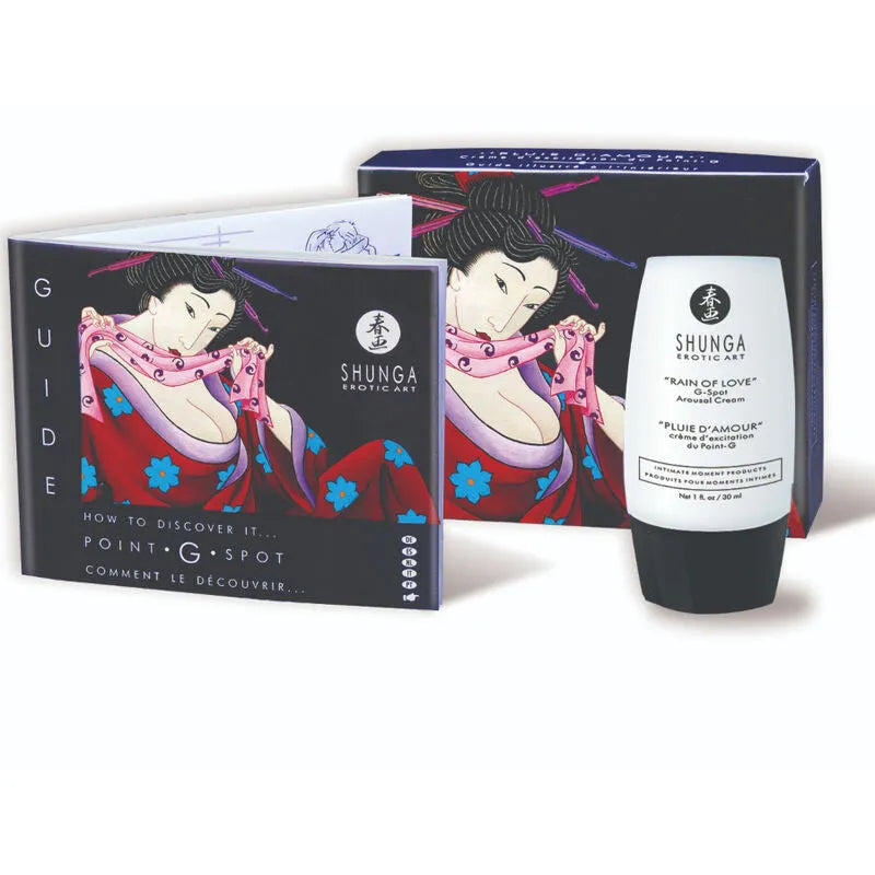 Flacon crème Shunga Rain of Love 30ml, design japonais, boîte illustrée, stimulation point G, hypoallergénique.
