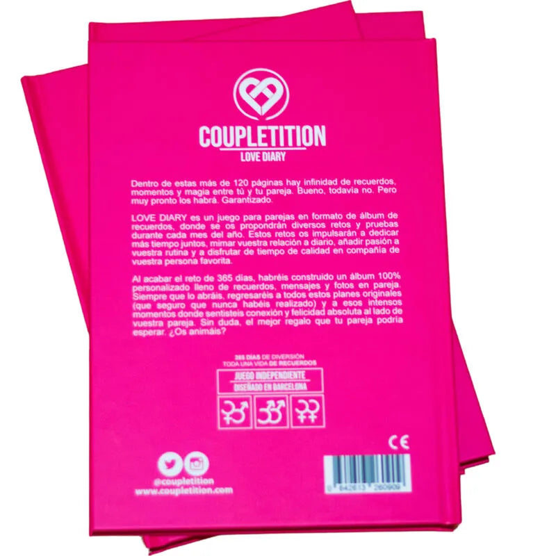 Cahier d'activités couple rose, 136 pages, design élégant, conçu par des psychologues pour renforcer la connexion amoureuse.