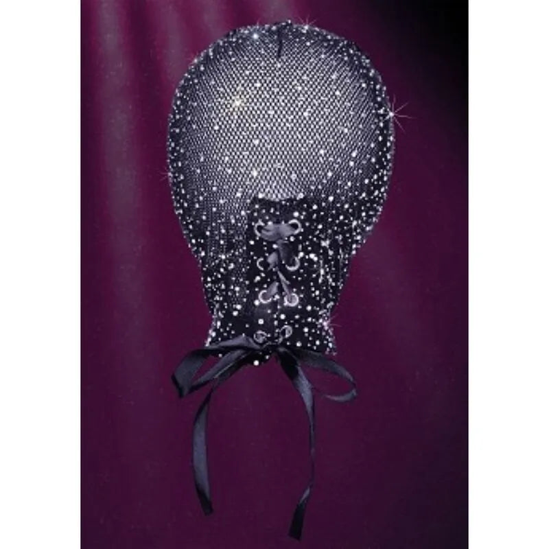 Capuche noire en maille respirante avec strass et lacets, design glamour et sensuel pour moments intimes, taille unique.