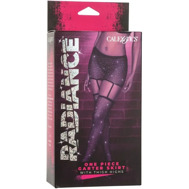 Jupe jarretelles Radiance noire avec strass, mini-jupe intégrée, bas hauts en maille, élégance et confort.